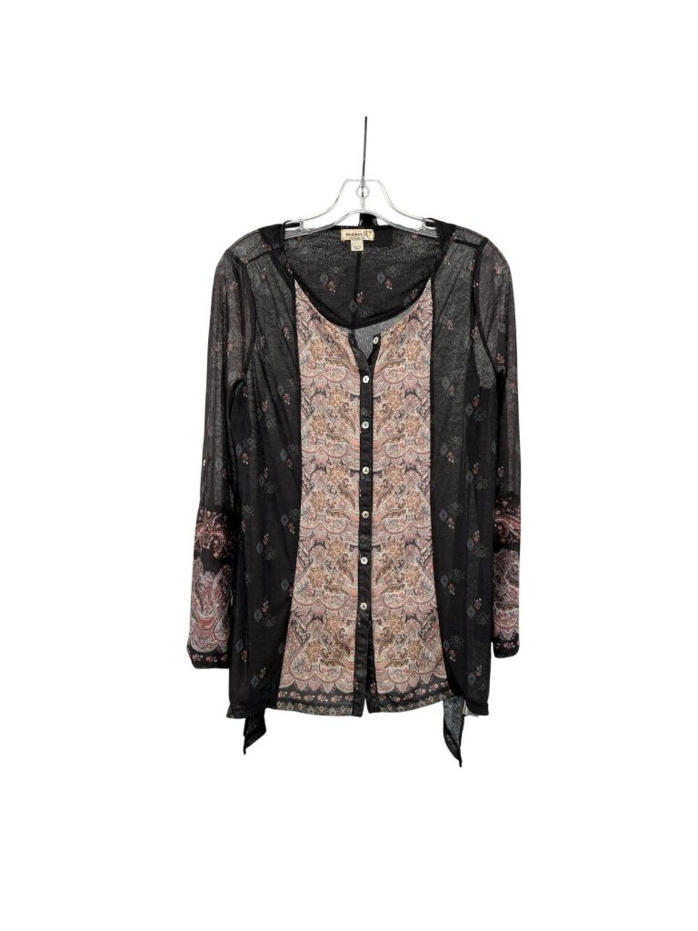 One World Womens Sheer Button Up Top Paisley Black/Multi Size Medium